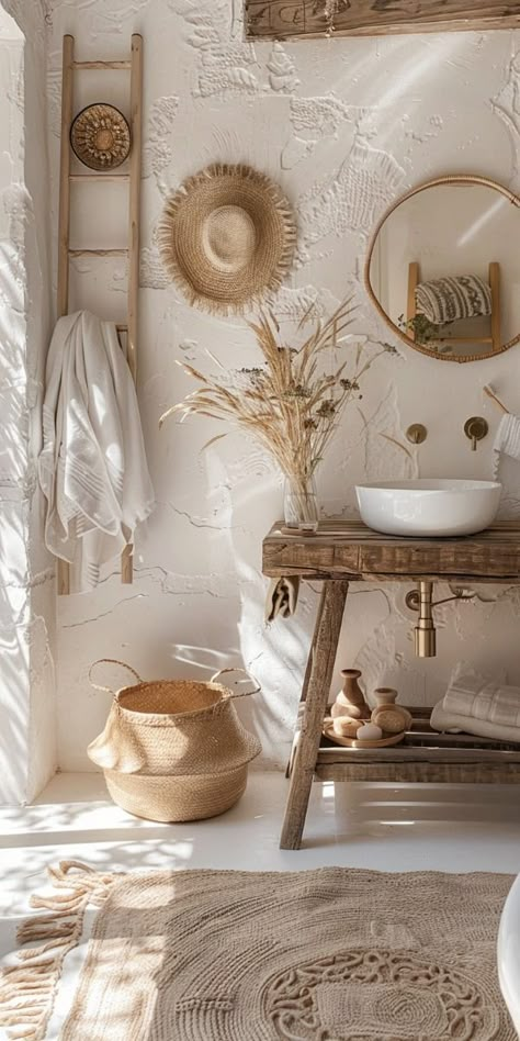 ⏳Timeless Trends: 28 Boho Bathroom Ideas That Last⏳ Boho Toilet Room, Style Boheme Deco, Boho Powder Room, Mediterranean Bathroom Design Ideas, Rustic Boho Bathroom, Bathroom Ideas Boho, Boho Bathrooms, Boho Style Bathroom, Bathroom Boho