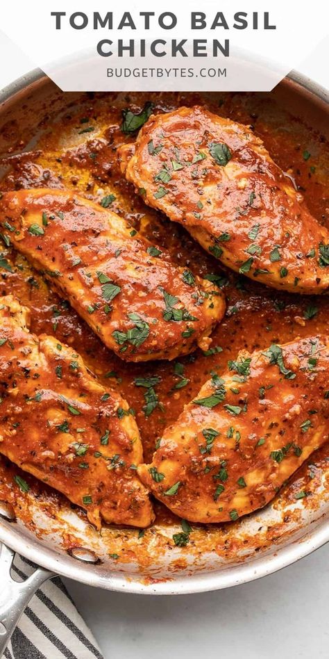 A garlicky marinade and tangy tomato pan sauce make this Tomato Basil Chicken an easy and flavorful option for dinner. Tomato Basil Marinade, Chicken Thigh Recipes Tomato Sauce, Chicken Breast Tomato Sauce, Chicken Tomato Basil, Tomato Marinade, Tomato Basil Chicken Recipe, Basil Chicken Recipe, Chicken Recipes With Tomatoes, Tomato Sauce Chicken