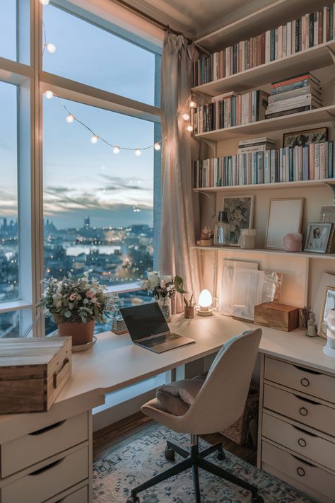 A cosy home office with a view of the sky at dusk Apartment Study Room Ideas, Cozy Office Game Room, Study House Ideas, Study Desk Small Space, Office Space With Windows, Home Office In One Bedroom Apartment, Cubby Desk Ideas, Home Office Functional, Hidden Office Ideas