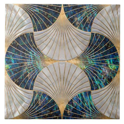 Seashell Art Deco - Abalone Shell and Pearl Ceramic Tile  Zazzle Art Deco Tiles, Art Coquillage, Art Deco Abstract, Raku Pottery, Gold Ceramic, Paper Coaster, Seashell Art, Salou, Floral Wall Decor