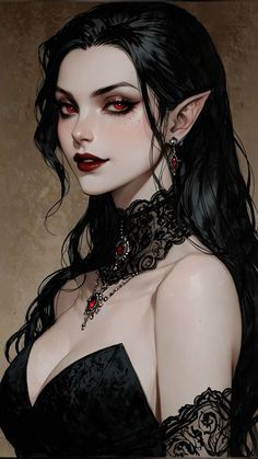 Undead Female Character Design, Eldritch Concept Art, Dnd Dhampir Female, Woman Vampire Art, Tiamat Human Form, Castlevania Art Style, Vampire Character Inspiration, Black Hair Woman Art, Gothic Dnd Character