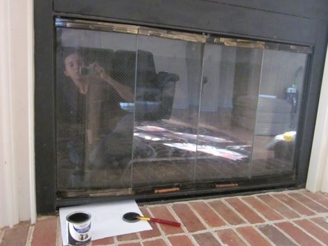 Fire Place Glass Door, Diy Fireplace Doors, How To Paint Fireplace Doors, Painting Fireplace, Door Diy Projects, Fireplace Glass Doors, Fireplace Door, Brass Fireplace, Doors Diy