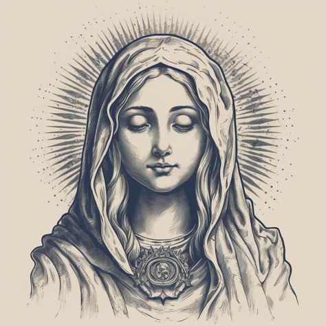 Virgin Maria Drawing, Mary Virgin Tattoo, Modern Virgin Mary Art, Virgin Mary Drawing Tattoo, Mother Mary Drawing, Virgin Mary Tattoo Design, Virgin Mary Drawing, Virgen Mary Tattoo, Mary Drawing