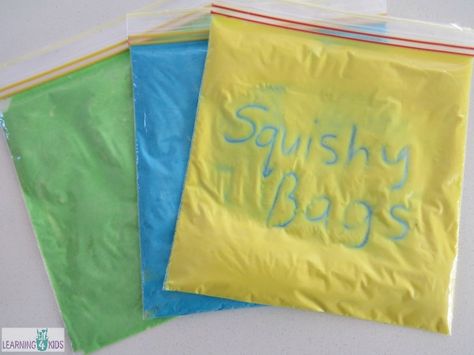 For one sensory bag, you will need 1 cup of flour, 6 tablespoons of water and food coloring.  Seal baggie with tape. Write with finger or q-tip. Sensory Learning, Sensory Bag, Sensory Bags, Pre Writing Activities, Phonics Games, Pre Writing, Fine Motor Activities, Sensory Activities, Preschool Learning