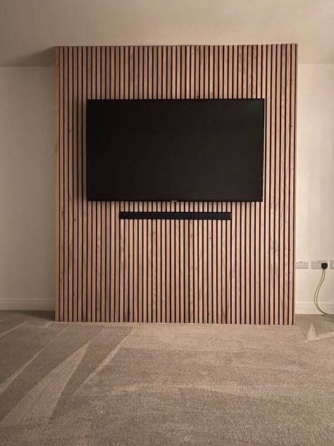 Wood Slotted Wall, Slatted Wall With Tv, Slat Wood Tv Wall, Wood Slat Entertainment Wall, Wood Slat Tv Wall Bedroom, Slat Wall Lounge, Wood Panel Accent Wall With Tv, Timber Wall Feature, Wood Panel For Tv