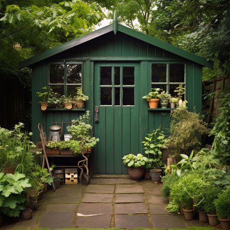 The 8 Best Shed Paint Colors She Shed Color Scheme, Creative Shed Painting, Gambrel Shed Makeover, Backyard Shed Makeover, Paint Garden Shed, Garden Shed Paint Colors, Painting Shed Ideas, She Shed Exterior Paint Ideas, Garden Shed Paint Ideas