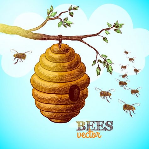 Honey bees and hive on tree branch background vector illustration Free Vector Beehive Drawing, Bee Sketch, Bee Drawing, Gold Glitter Background, Glowing Background, Honey Bee Hives, Bee Tattoo, Bee Art, Honey Bees