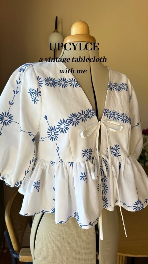 Tablecloth Upcycle, Tie Front Tops, Embroidered Tie, Sewing Patterns Blouse, Sewing Clothes Women, Plus Size Fall Fashion, Blouse Design Images, Prom Dresses 2020, Plus Size Fall