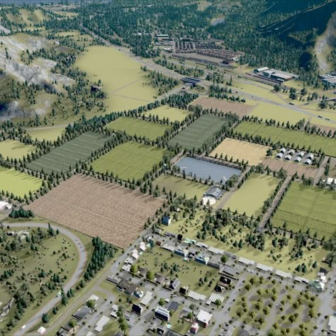 Farming Industry in Cities Skylines Cities Skylines Oil Industry Layout, Cities Skylines Inspiration, Cities Skylines 2 Layout Ideas, Cities Skylines Industry Layout, Cities Skylines Layout Ideas, City Skylines Game, Masterplan Architecture, City Maps Design, Land Development