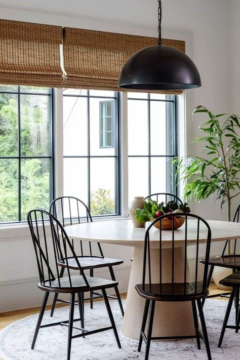 Roman Shades Large Windows, Dining Area Decor Ideas, Creative Window Coverings, Window Treatments For Large Windows, Roman Shades And Curtains, Curtains For Dining Room, Large Window Coverings, Transitional Window Treatments, Kitchen Roman Shades