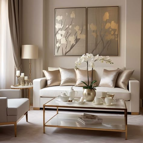 5+ Beige Living Room Decor Hacks for a Luxe Look • 333+ Images • [ArtFacade] White And Gold Drawing Room, Champagne Color Living Room, Beige And Gold Living Room Decor, Neutral Elegant Living Room, All Beige Living Room, Brown Cream And Gold Living Room, Glam Interior Design Living Room, Beige Sofas Ideas Living Room, Gold Theme Living Room