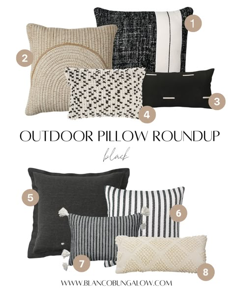 Round Outdoor Seating, Patio Pillows Outdoor, Black Outdoor Furniture, Grey Outdoor Furniture, Black Couches, Patio Couch, Black And White Pillows, Patio Pillows, Pillow Arrangement