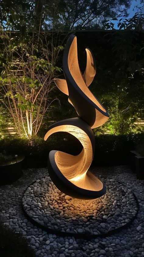 Outdoor Statues Ideas, Outdoor Wood Sculpture, Landscape Statues, Plant Box Design, Garden Sculpture Ideas, Lighting Sculpture, Happy Environment, Outdoor Lighting Design, Modern Restaurant Design