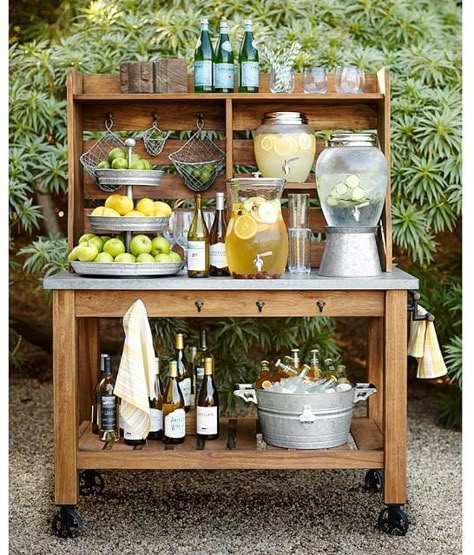 Elevate your outdoor entertaining with these backyard bar ideas! Create a stylish and functional space for hosting friends and family with trendy DIY bar setups, rustic pallet bars, or sleek built-in designs. #backyarddesign #landscaping #ABlissfulNst Galvanized Buckets Wedding, Outdoor Drink Station, Wedding Drink Bar, Hutch Buffet, Backyard Food, Wedding Drink Station, Deco Champetre, Buffet Hutch, Pottery Barn Inspired