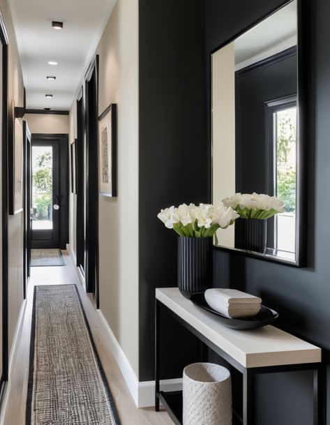 Narrow Vestibule Ideas, Long Narrow Hallway Ideas Modern, Entry Long Hallway Ideas, Dark Neutral Entryway, Painted Trim Entryway, Tall Narrow Wall Decor, Black And White Entryway Ideas, Townhome Entryway Decor, Modern Narrow Hallway Ideas