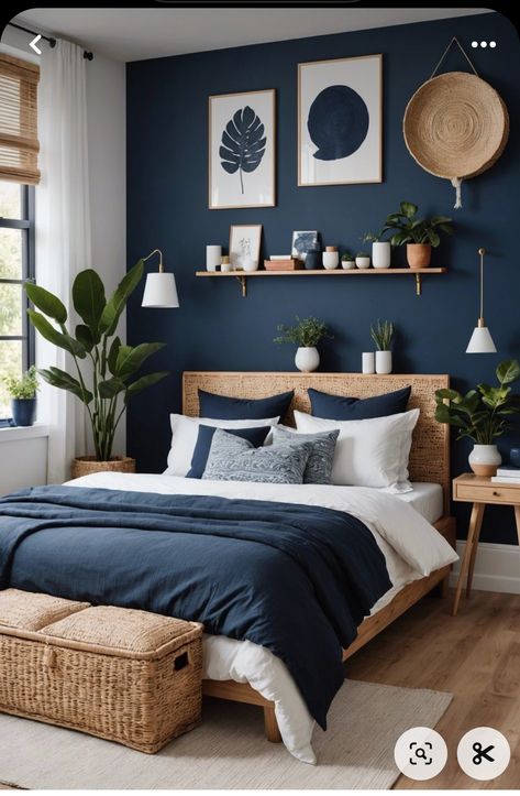 Ikea Inspired Bedroom, Navy Bedrooms, Dark Blue Bedrooms, Dark Blue Walls, Blue Bedroom Decor, Bedroom Refresh, Small Room Bedroom, Blue Bedroom, Master Bedrooms Decor