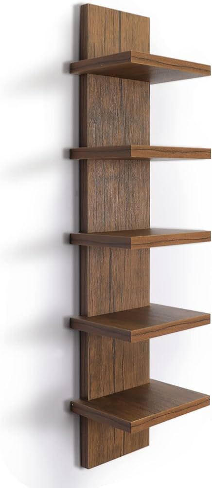 Amazon.com: Homaterial 5 Tier Wall Shelf Unit, Decorative Wall Mount Vertical Shelving,Modern Column Floating Shelves for Bedrooms, Bathrooms 5.5" x 7.2" x 31"(Rustic Brown) : Home & Kitchen Vertical Shelves Bedroom, Wooden Shelving Unit, Narrow Wall Shelf Ideas, Floating Bedroom Shelves, Wall Mounted Book Shelf Ideas, Shelf Wall Ideas, Wall Wood Shelf, Wall Shelving Ideas, Vertical Shelving