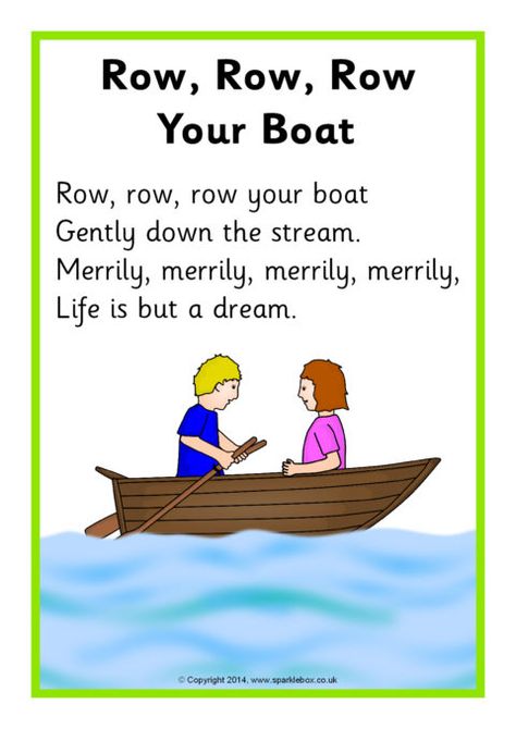 Row, Row, Row Your Boat Song Sheet (SB10945) - SparkleBox Baby Nursery Rhymes, Short Nursery Rhymes, Rhyming Preschool, Preschool Poems, Nursery Rhymes Poems, English Poems For Kids, Rhymes Lyrics, Nursery Rhymes Lyrics, Row Row Row Your Boat