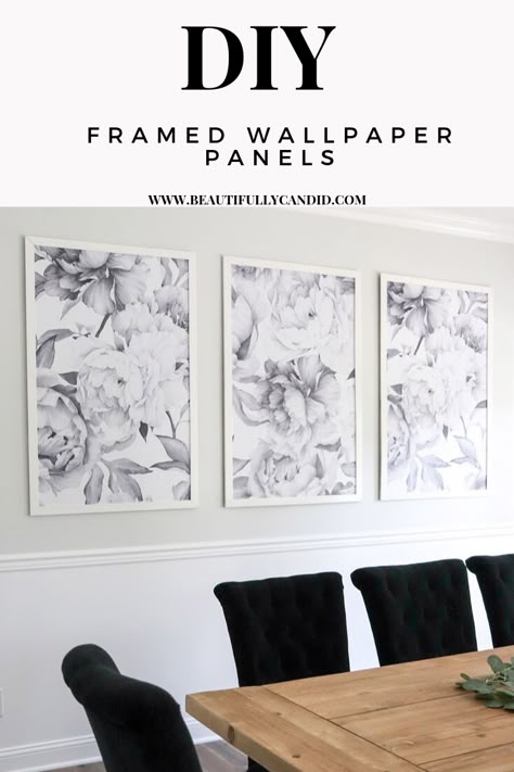 Framed Wallpaper Panels | Are you looking for that certain piece of decor to finish off a room in your home? I'm sharing how I tackled a DIY project and created these framed wallpaper art. What I love about this framed wallpaper art, is that you are in control of customizing it. From their size, how many panels to add, the pattern and colors, to whatever is best for your project. This inspirational DIY article will be a starting point for you to get your idea going. #decorinsporation #wallpaper Framed Wallpaper Panels Diy, Diy Framed Wallpaper, Wallpaper Panels Framed, Framed Wallpaper Panels, Painting Trim White, Picture Frame Hangers, Peony Wallpaper, Wallpaper Project, Salon Suites