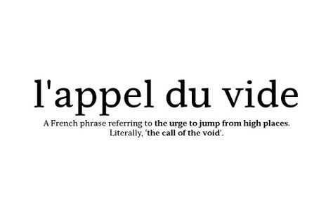 L'appel du vide is that tiny voice that tells you to jerk the steering wheel just to the right and take a flying leap off the ledge...that inclination to walk right into the ocean and never return...the call of the Siren song. L'appel Du Vide Tattoo, The Call Of The Void, Call Of The Void, Latin Quotes, Devils Night, Unique Words Definitions, Uncommon Words, French Phrases, Unusual Words