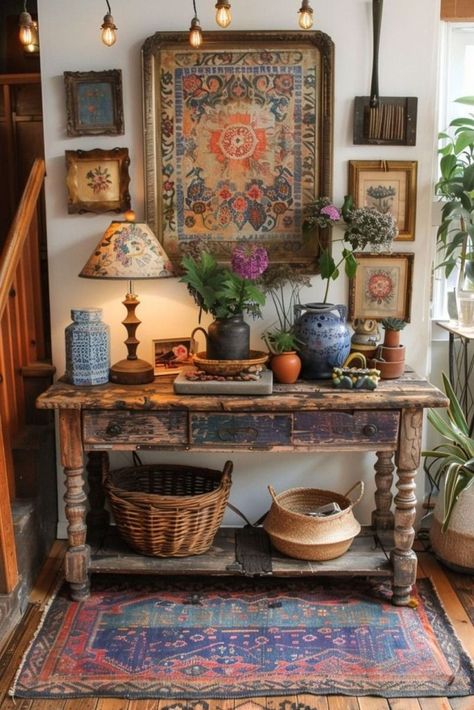 Rustic Meets Boho Decor, Entryway Ideas Cottagecore, Boho Rooms Vintage, Colorful Boho Apartment Decor, Interior Wall Siding Ideas, Interior Pop Of Color, Boho Vintage Home Decor, Eclectic World Traveler Decor, Cottage Boho Decor