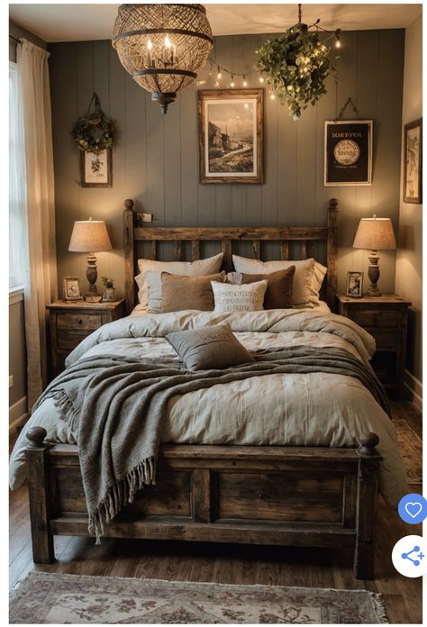 Cottage Country Aesthetic, Home Decor Ideas Bedroom Farmhouse, Village Bedroom Design, Cottagecore Aesthetic House Interior Bedroom, Bedroom Decor With Grey Walls, Cabin Vibes Bedroom, Vintage House Bedroom, Cozy Home Aesthetic Bedroom, Cabin Bedding Ideas