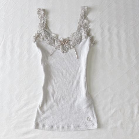 Coquette Abercrombie white and grey lace ribbed tank... - Depop Lacy Tank Tops, White Lace Undershirt, Coquette Shopping, White Shirt Y2k, Coquette Tank Top, Lace Undershirt, Lace Tank Tops, White Lace Tank Top, Lacey Tops