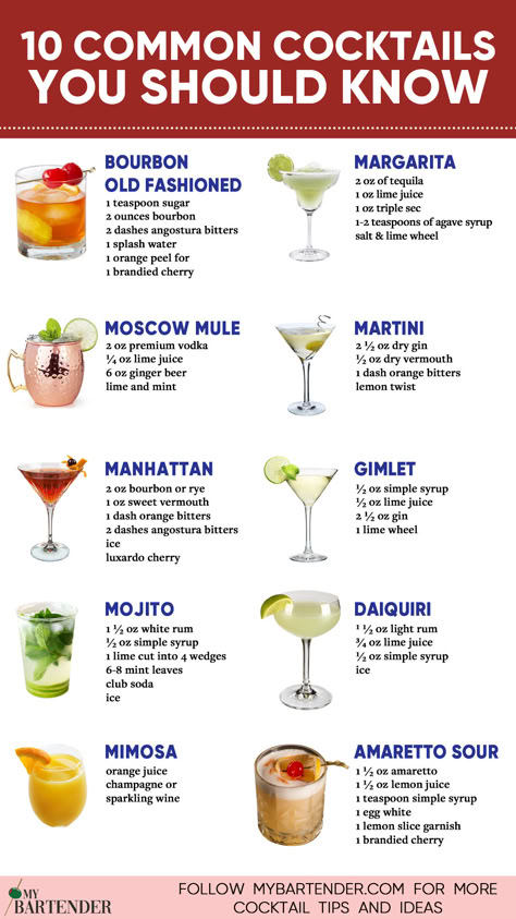 Common Cocktails Alcohol For Beginners, Famous Cocktails Drinks, Must Know Bartender Drinks, Common Alcoholic Drinks, Easy Drinks Alcohol Recipes For Party, Common Bar Drinks Recipes, Types Of Cocktails Drinks, Most Popular Cocktail Recipes, Recipes For Cocktails