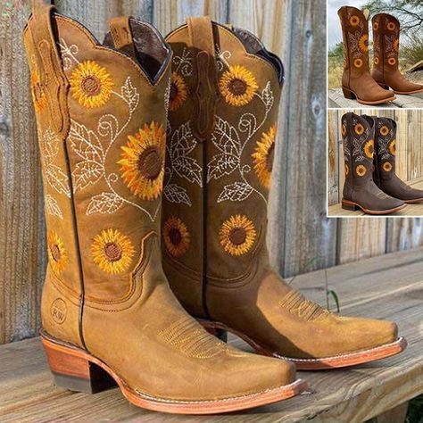 Embroidery Cowboy, Sunflower Boots, Snip Toe Cowgirl Boots, Sunflower Embroidery, Cowboy Boots For Women, Boots Plus Size, Winter Fashion Boots, Leather Boots Heels, Western Boots Women