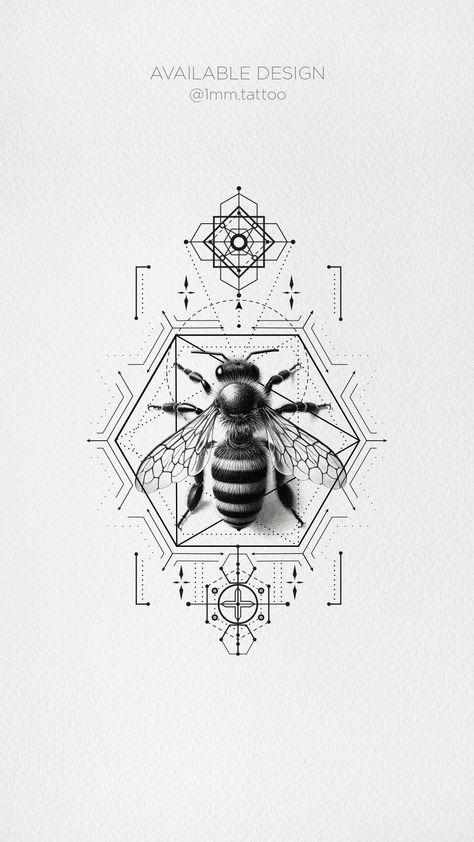 Bee Geometric Tattoo, Bee Tattoo Fine Line, Hexagon Tattoo Design, Fine Line Bee Tattoo, Concept Tattoo Design, Fine Line Tattoo Design, Geometric Universe Tattoo, Fine Line Design, Hexagon Tattoo