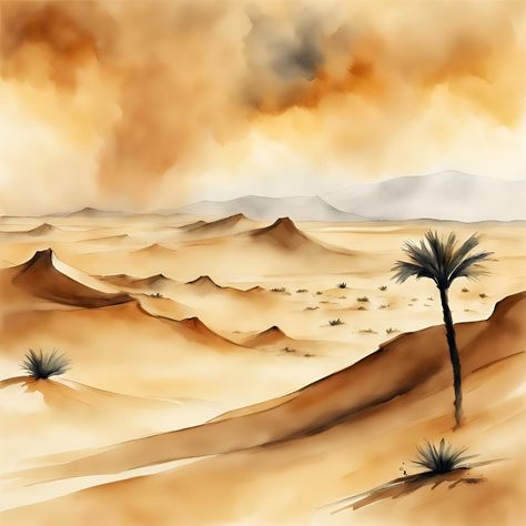 Lost in the vast expanse of the desert, where every grain of sand tells a story. https://prismplay.etsy.com #wallart #printables #digitaldownload #digitalart #natureinspired Desert Drawing, Desert Watercolor, Painting Sand, Desert Paintings, Desert Pictures, Sand Drawing, Landscape Pencil Drawings, Sun Drawing, Desert Sahara