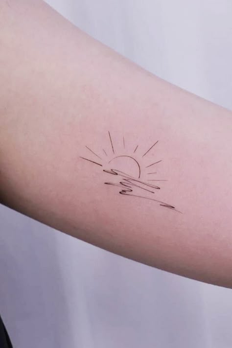 Sun Line Drawing Tattoo, Wow Tattoo Ideas, Water And Sunset Tattoo, Sunset And Flower Tattoo, Sunset Aesthetic Tattoo, Simple Sky Tattoo, My Body Is Art Tattoo, Still Water Tattoo, Sun And Water Tattoo Simple