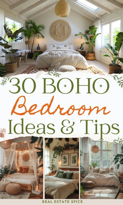 Get inspired and transform your bedroom into a bohemian paradise with my 30 boho bedroom ideas and styling tips! With my boho bedroom decor guide, dive into a world of vibrant colors, cozy textures, and imaginative decor that speaks to your free-spirited heart. Get ready to create a cozy retreat that's uniquely you! RealEstateSpice.com #BohoBedroomIdeas #HomeDecor #InteriorDesign Design Small Bedroom Ideas, Boho Bedroom Cozy, Modern Boho Bedroom Ideas, Cozy Boho Bedroom Ideas, Eclectic Boho Bedroom, Bedroom Design Boho, Boho Bedroom Inspirations, Boho Bedroom Wall Decor, Cozy Boho Bedroom