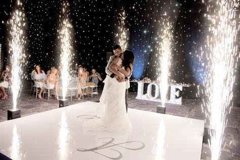 Wedding reception pyrotechnics Pyrotechnics Wedding, Glamorous Centerpieces, Hard Rock Hotel Cancun, Bride And Groom First Dance, Dance Floor Wedding, Cancun Wedding, Event Table, Black Bride, Full Of Love