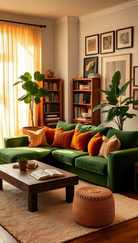 Step into a serene living room where warm, golden sunlight pours through sheer ivory curtains, creating a tranquil atmosphere. The plush emerald green sectional sofa is the centerpiece, accented with textured throw pillows in rust and mustard hues. A rustic wooden coffee table, adorned with a potted succulent and an open book, sits on a cozy cream rug. A towering bookshelf filled with eclectic novels and a gallery wall of framed art seamlessly blend modern and vintage styles. A fiddle leaf fig plant adds a refreshing touch of nature. #CozyLiving #InteriorDesign #HomeDecor