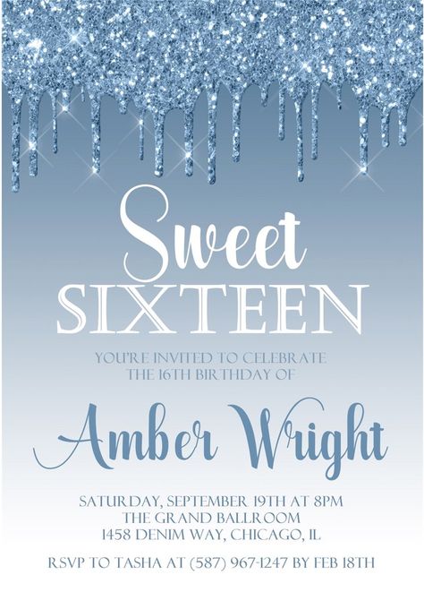 Blue Ombre Sweet 16 Birthday Party Invitations Pastel Blue Paint, 16 Birthday Party Invitations, 16 Party Invitations, Dripping Effect, Blue Sweet 16, Sweet 16 Party Invitations, Sweet 16 Favors, 16 Invitations, Sweet 16 Party