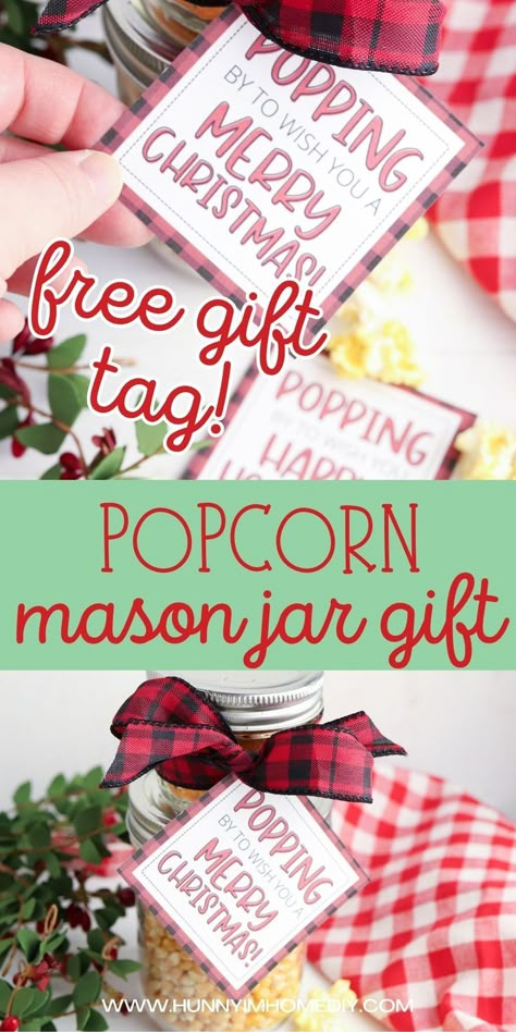 Popcorn gift in a jar with free printable gift tag with buffalo check background Popcorn Wrapping Ideas, Christmas Popcorn Gift Tag, Popcorn Gift Ideas Christmas, Popcorn Christmas Tag, Popcorn Neighbor Christmas Gifts, Popcorn Printables Free, Handmade Christmas Gifts From Children, Jarred Gifts, Popcorn Christmas Gifts