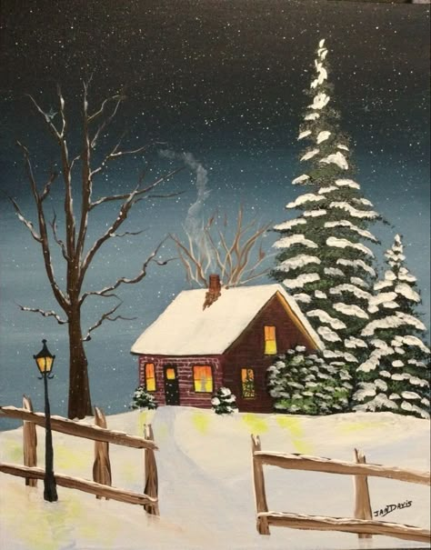 Christmas Cottage Drawing, Winter Houses Drawings, Winter Cottage Painting, Canvas Painting Ideas Winter, Christmas Landscape Drawing, Winter Scenery Paintings, Winter House Drawing, Winter Painting Ideas On Canvas, Christmas Scenery Paintings