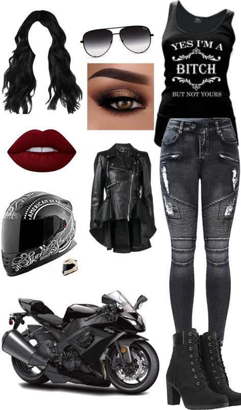 Biker Mom Outfit, Biker Aesthetic Outfits Women, Womens Motorcycle Outfit Biker Chic, Biker Goth Outfit, Girly Biker Outfits, Black Veil Brides Concert Outfit, Louder Than Life Festival Outfit, Red And Black Dress Aesthetic, Heavy Metal Outfits For Women