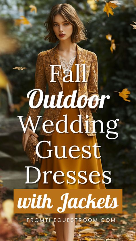 a woman wears fall outdoor wedding guest dress with jacket Jacket For Wedding Guest Dress, Mountain Formal Wedding Guest Attire, Garden Party Attire Wedding, Wedding Guest Dress Cold Weather, Outdoor Wedding Attire For Guests, Wedding Guest Dress Cold, Jacket For Wedding Guest, What To Wear To A Fall Wedding As Guest, Wedding Guest Outfit Semi Formal