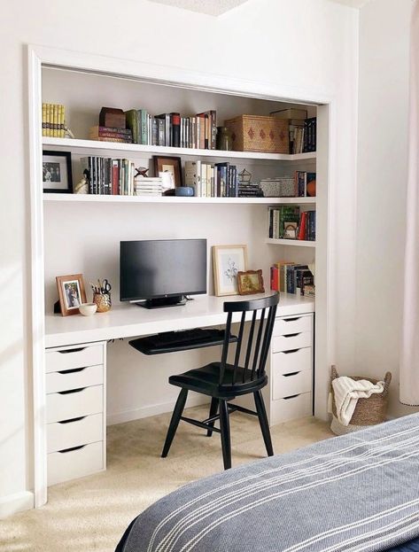 Small Space Office And Guest Room, Closet Offices, Cloffice Ideas, Closet Desk, Desk Nook, Guest Bedroom/office, Home Office Closet, Closet Office, Desks For Small Spaces