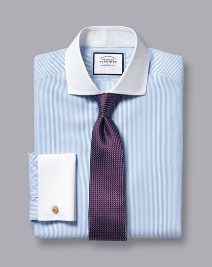 Cutaway Collar Non-Iron Bengal Stripe Winchester Shirt - Sky Blue | Charles Tyrwhitt Winchester Shirt Suit, Contrast Collar Shirt Men, Spread Collar Shirt Men, Old Man Style, Contrast Collar Shirt, Office Shirts, Charles Tyrwhitt Shirt, Square French, Groom Dress Men