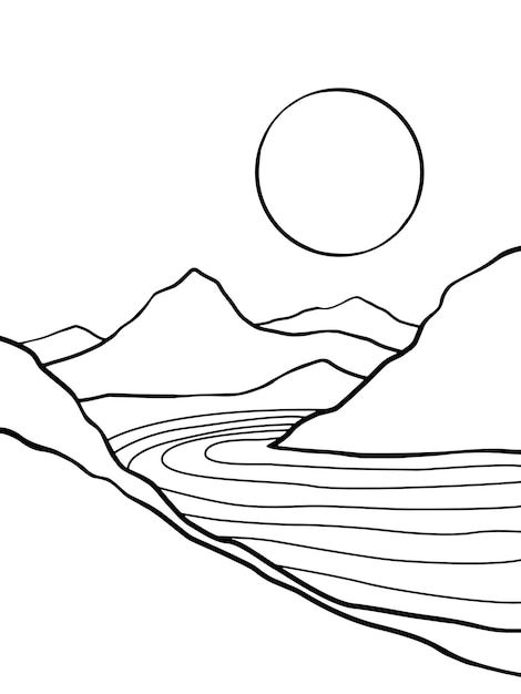 Sun And Mountain Drawing, Mountain River Drawing, Mountain Colouring Page, Line Landscape Art, Landscape Drawing Simple, Outlining Drawing, River Line Drawing, Mountain Range Drawing Simple, Landscape Outline Drawing