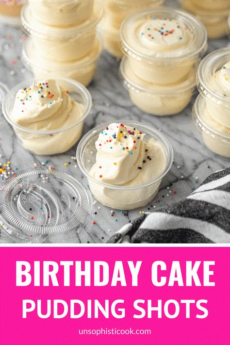 Funfetti Birthday Cake Pudding Shots -- These fun & colorful birthday cake pudding shots are heavenly little cups of alcohol-infused pudding that are sure to make your special day extra memorable! They're a cool & creamy adults-only treat that's ideal for celebrating a milestone birthday (or ANY birthday 21+). | pudding shots recipes | alcoholic pudding shots | vodka pudding shots | easy pudding shots | birthday cake shot | birthday shot | birthday jello shots | birthday shot ideas Birthday Pudding Shots, Easy Pudding Shots, Vodka Pudding Shots, Birthday Cake Pudding Shots Recipe, Birthday Cake Pudding Shots, Pudding Shots Recipes, Cake Pudding Shots, Birthday Cake Pudding, Birthday Jello Shots