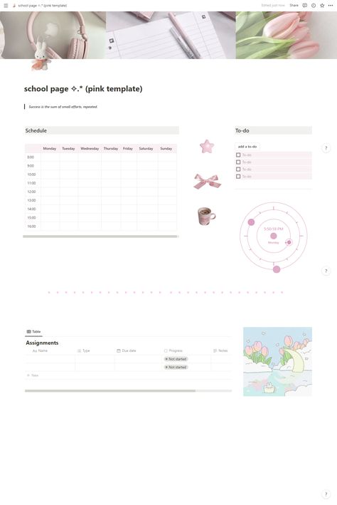 Notion Cover For School, Phone Notion Template Ideas, Pink School Notion Template, Notion Template Ideas On Phone, Notion Template School Aesthetic, Pink Notion Dashboard, Notion Study Schedule, Course Planner Template, Notion School Planner Template