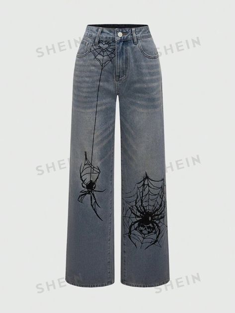 ROMWE Grunge Punk Women's Spider Print Straight Leg Jeans | SHEIN UK Cute Shein Jeans, Spider Pants Design, Bleach Designs On Black Jeans, Baggy Womens Jeans, Bleach Sweatpants Design, Grunge Painted Jeans, Jeans With Designs On Them, Art Jeans Paintings, Grunge Jeans Outfit