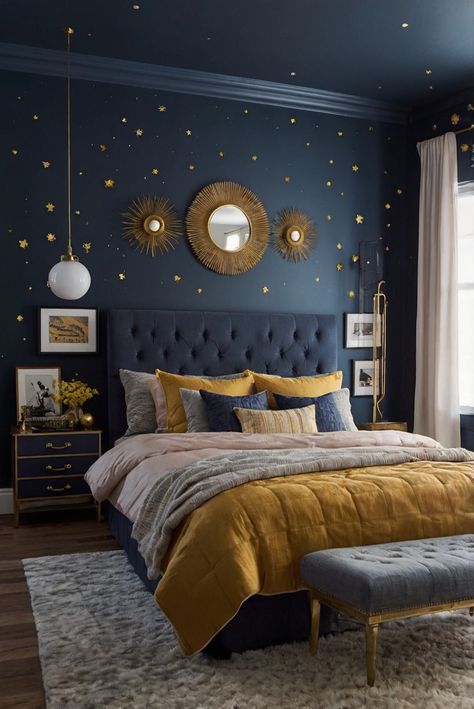 home interior design,interior bedroom design,designers kitchen,living room interior Sage And Navy Bedroom, Color Drenching Bedroom, Color Schemes For Bedrooms, Navy Gold Bedroom, Indigo Bedroom, Calming Bedroom Colors, Bedroom Layout Ideas, Blue And Gold Bedroom, Bedroom Furniture Layout