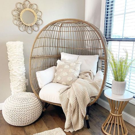 Wicker Egg Chair, Oversized Indoor Outdoor Lounger for Patio, Backyard, Living Room w/ 4 Cushions, Steel Frame, 440lb Capacity - Ivory Egg Wicker Chair, Living Room Wicker Chair, Indoor Egg Chair Decor, Cosy Bedroom Chair, Egg Chair Ideas, Egg Chair Decoration Ideas, Egg Chair Bedroom, Egg Chair Living Room, Cozy Chairs