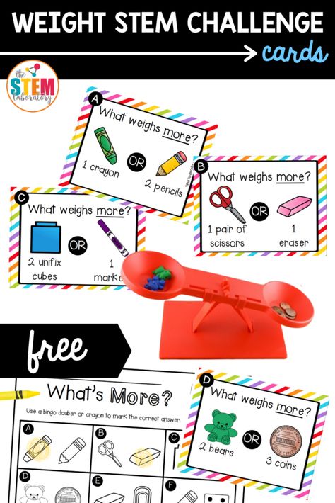 Weight STEM Challenge Cards - The Stem Laboratory Weight Maths Activities, Stem Counting Activities, The Stem Laboratory, Weight Lessons For Kindergarten, Weight Worksheets For Kindergarten, Science Measurement Activities, Stem For Special Education, Stem Activities Kindergarten Free, Free Stem Printables