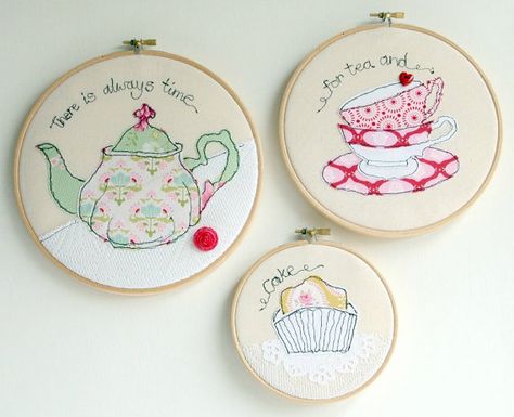 Teapot, teacups, cake trio of freestyle embroidery hoop art Pink Teapot, Freehand Machine Embroidery, Embroidery Hoop Crafts, Embroidery Hoop Wall, Embroidery Hoop Wall Art, Wooden Embroidery Hoops, Free Motion Embroidery, Embroidery Hoop Art, Embroidery Inspiration